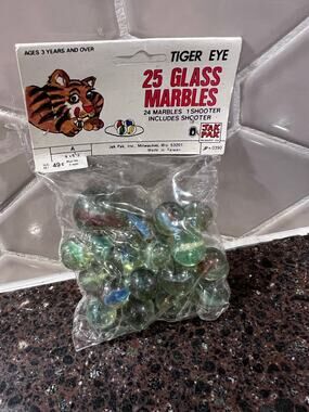 JAK PAK Vintage Glass Tiger Eye Marbles New in Bag 24 Marbles and 1 Shooter Blue